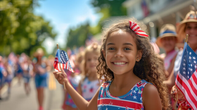Cute African American Girl Celebrating The American Holiday with Friends and Family at the Parade. Generatvie AI.