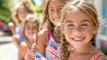 Cute Children Celebrating The American Holiday with Friends and Family at the Parade. Generatvie AI.