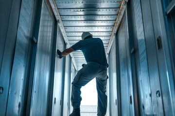 Mid adult male with protective gloves is climbing into the rear end of the trailer