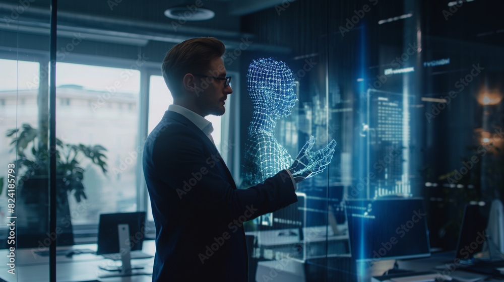 Wall mural businessman working with virtual ai assistant through hologram display technology, futuristic techno