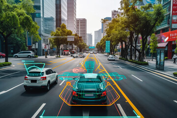 Modern car AI evaluating driving conditions and street elements.