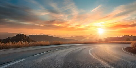 Naklejka premium Golden Hour Glow: American Highway Sunset Banner. Concept Golden Hour Lighting, Highway Sunset, American Landscape, Beautiful Sky, Outdoor Photography