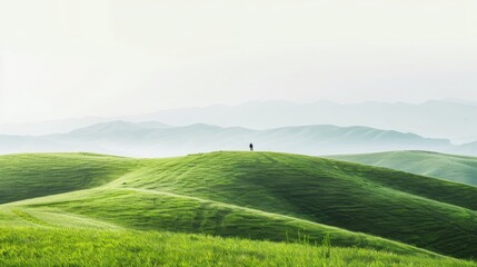 Obraz premium Panoramic shot of rolling green hills. Abstract green landscape wallpaper background illustration design with hills and mountains.