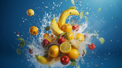 Fruit splashing out of a bowl with fruits on blue background. Generative AI