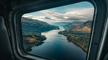 Naklejka premium The view from inside the helicopter was stunning as we flew over the misty clouds and mountains of the Highlands.