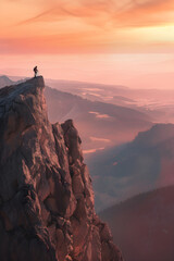 Triumphant Hiker Gazes at Sunrise from Mountain Summit, Symbolizing Ambition and Achievement