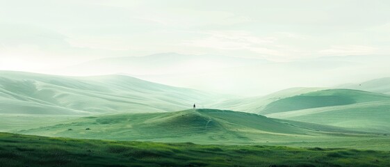 Fototapeta premium Panoramic shot of rolling green hills. Abstract green landscape wallpaper background illustration design with hills and mountains.