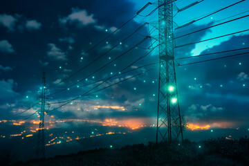 Power Transmission Lines with 3D Digital Visualization of Electricity. Scenic Footage with Night Sky Full of Bright Stars.