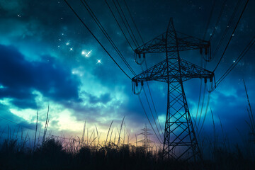 Power Transmission Lines with 3D Digital Visualization of Electricity. Scenic Footage with Night Sky Full of Bright Stars.