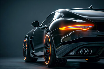 Rear view of modern black premium car in studio light