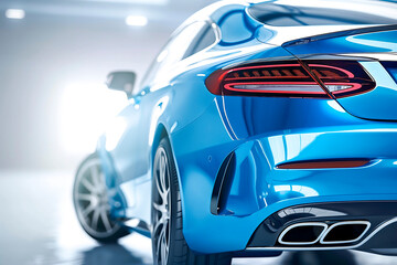 Obraz premium Rear view of modern blue premium car in studio light