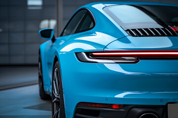 Rear view of modern blue premium car in studio light