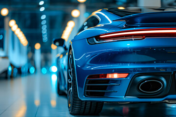 Obraz premium Rear view of modern blue premium car in studio light