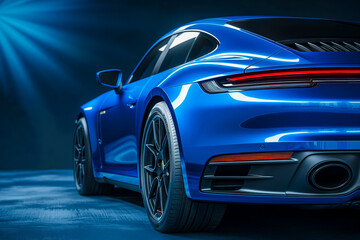 Rear view of modern blue premium car in studio light
