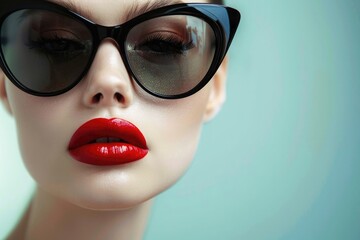 Black sunglasses on the face of a beautiful fashion woman with red lips, isolated over a background, with high detail, in an ultra realistic photographic style.