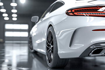 Rear view of modern white premium car in studio light