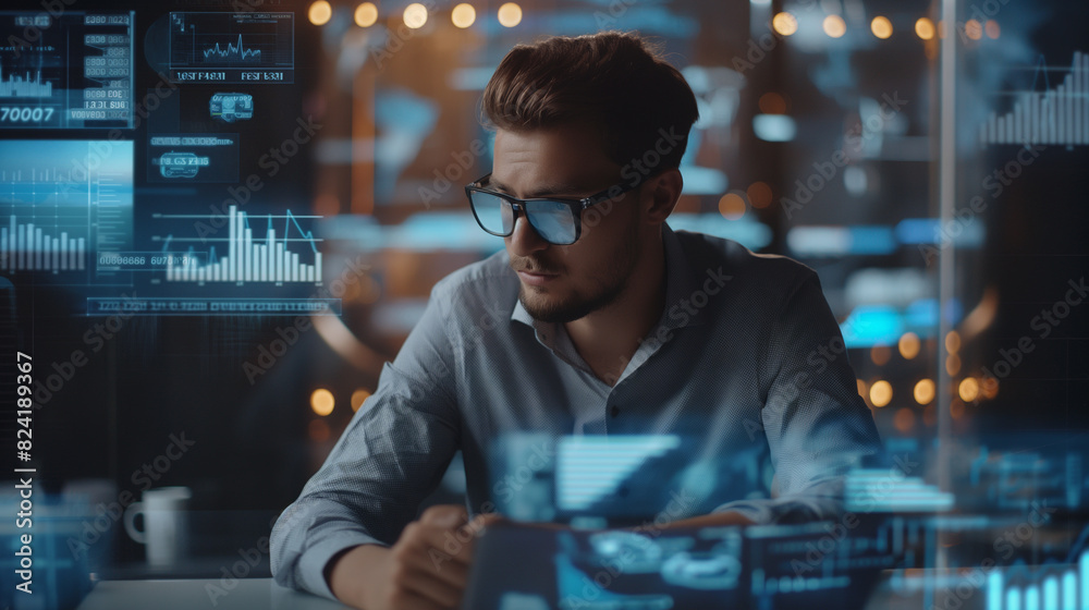 Poster businessman or data analysis working with business data statistics using virtual reality technology,