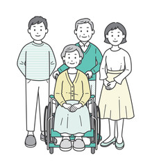 車いすに座ったお婆さんを介助する家族が集合した全身イラスト