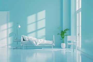 hospital isolation room with serene blue background 3d rendering side view illustration