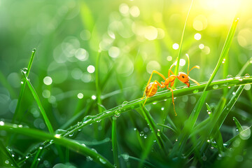 Resilient Ant Traversing a Dew-Kissed Grass Blade in the Morning Light