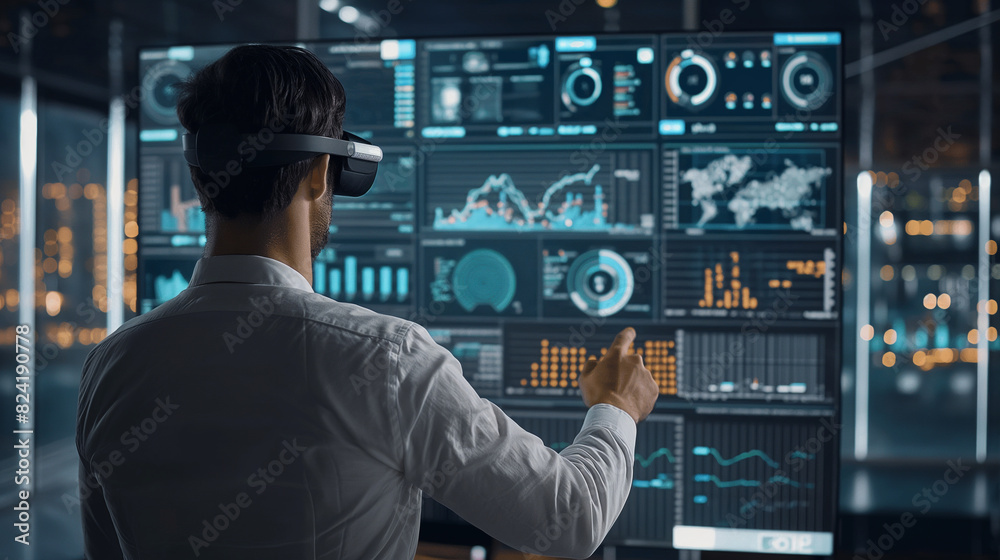 Poster businessman or data analysis working with business data statistics using virtual reality technology,