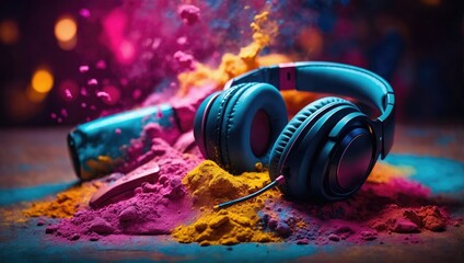 A pair of dj headphones with a purple background and a purple and yellow light. - Powered by Adobe