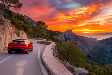 SUV car in spain mountain landscape road at sunset