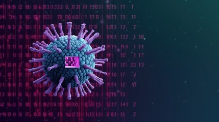 Virus in on a technical background with copy space. Virus. PC virus. computer virus concept. cyber security concept. anti virus concept. Virus cell. Cyber virus. Cyberspace.