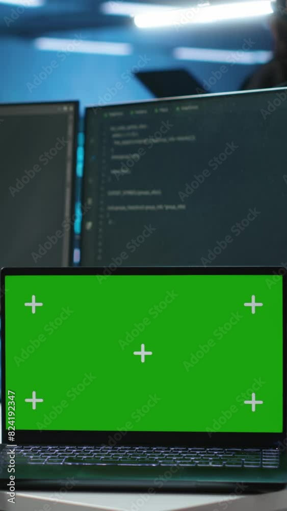 Poster vertical video isolated screen laptop next to programmer coding in server farm, ensuring valuable da