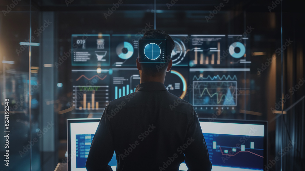 Poster businessman or data analysis working with business data statistics using virtual reality technology,