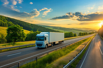 Obraz premium Truck delivery, a van rushing by a country road