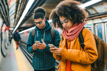 Two diverse friends are using smart phones in a subway station, waiting for the train. They are standing in the subway of New York City. - Powered by Adobe