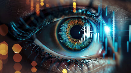 Human eye and high-tech concept, screening big tradingview and digital transformation technology strategy, Cryptocurrency financial systems concept. with generative ai