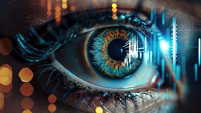 Human eye and high-tech concept, screening big tradingview and digital transformation technology strategy, Cryptocurrency financial systems concept. with generative ai