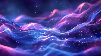 A blue and purple abstract image with glowing particles and wavy lines.