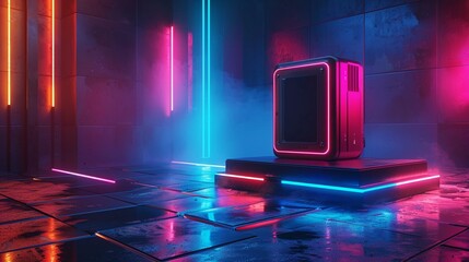 Futuristic gadget on a neonlit podium, abstract background, vibrant colors, cyberpunk, 3D art, high detail, high detailed, clean sharp focus