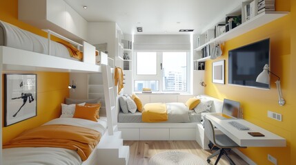 Teen bedroom with white and yellow walls Bunk beds and a desk with a computer underneath.   Create the perfect combination of functionality and convenience for both study and relaxation.