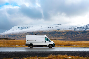 white van on rural highway, with scenic landscape in background