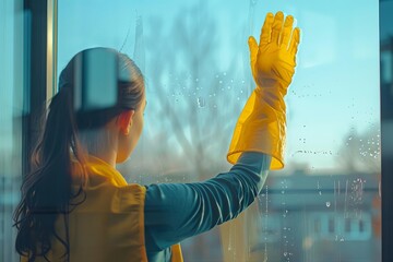industrious woman cleaning panoramic window glass wearing yellow rubber gloves housekeeping concept