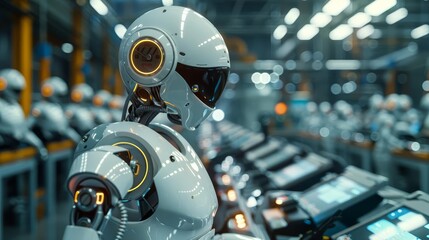 Fototapeta premium Illustrate a futuristic factory where AI robots work alongside humans to improve production efficiency and quality control, Close up