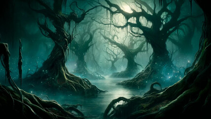 Mystical Swamp: Enchanted Forest in Moonlight