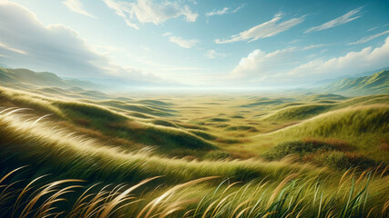 Endless Horizon: Serene Rolling Grasslands under a Vast Sky