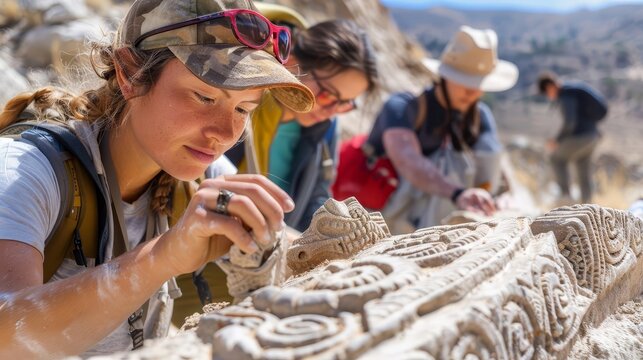 Illustrate a group of archaeologists uncovering and studying intricate rock carvings in a remote desert, Close up