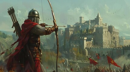 Naklejka premium Illustrate a medieval warrior preparing to release an arrow, with a castle siege in the background, Close up
