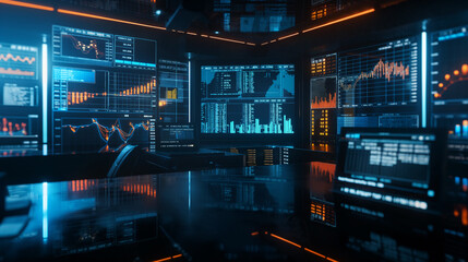 stock market performance data display on virtual screens, business or economy growth data statistics 