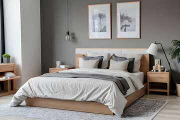 Interior of modern bedroom with comfortable bed