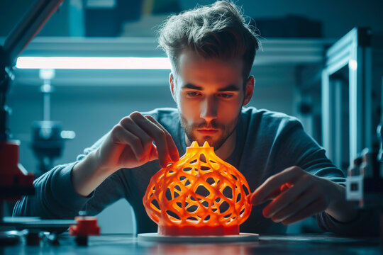 Young Caucasian man examining a 3d printed part at creative lab