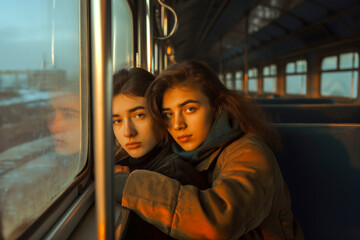 Young girls looking out of the train window
