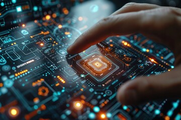 A businessman is touching a sophisticated hologram virtual screen