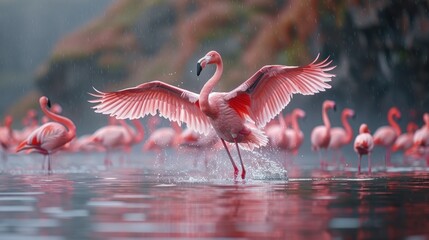 A group of flamingos flying over the lake